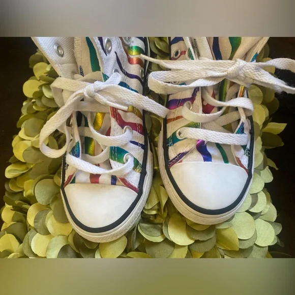 🌸 Converse White Rainbow Zebra Stripes High Tops Kids 12 - Super Cute! - Picture 5 of 6